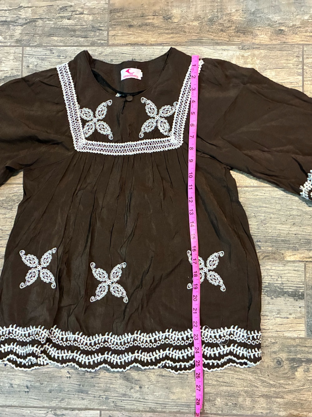Brown Boho Embroidered Peasant Top with White Trim - Picture 6 of 6